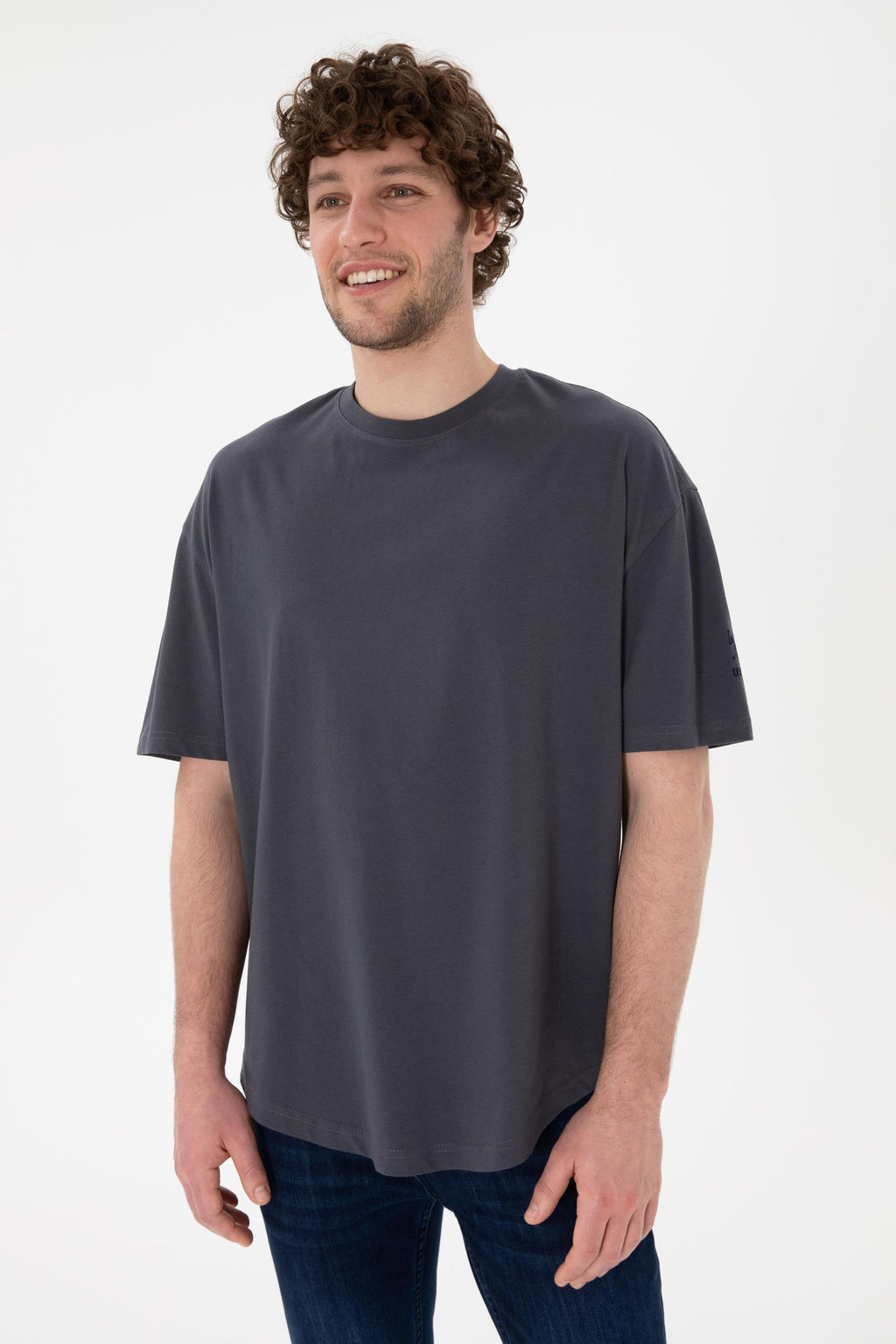 Erkek Long Fit Bisiklet Yaka Antrasit Basic Ti__rt Sepette S_rpriz _ndirim