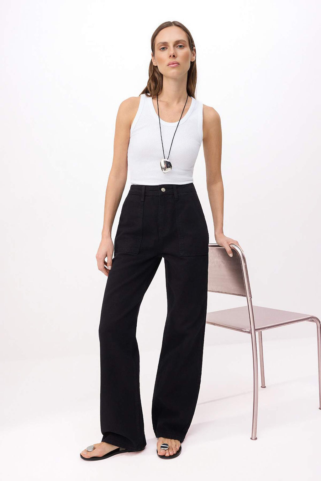 Siyah Cep Detayl? Yuksek Bel Wide Leg Jeans TWOAW22JE0595