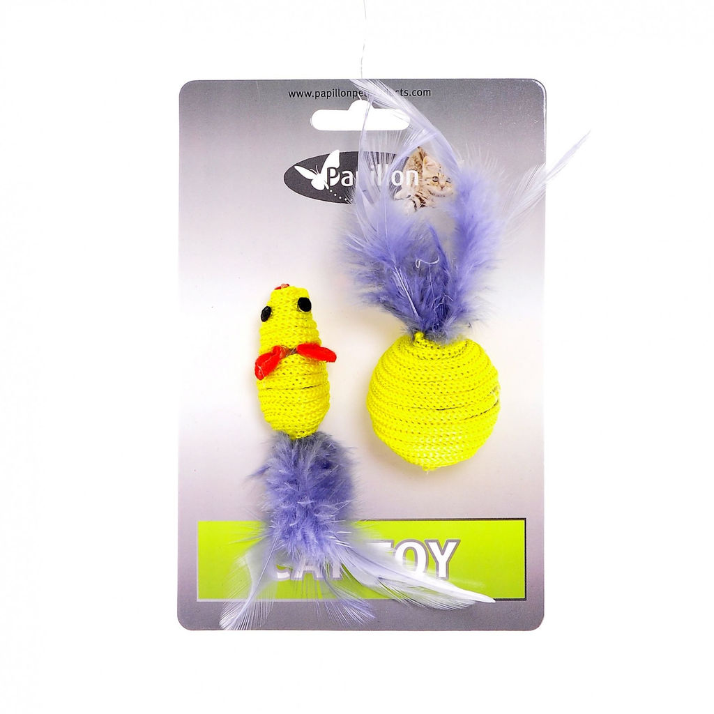 Игрушка "Мышка и мячик с перьями" 5+4см желтые (Cat toy mouse 5 cm and ball 4 cm with feather on card) 240065 240065