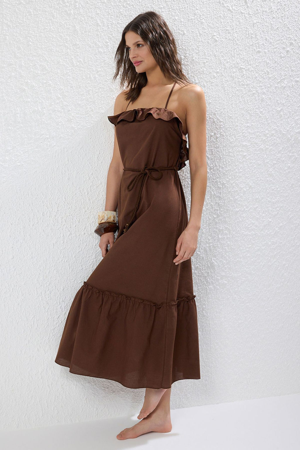 Kahverengi Dokuma F?rf?rl? %100 Pamuk Maxi Plaj Elbise TBESS25EL00097