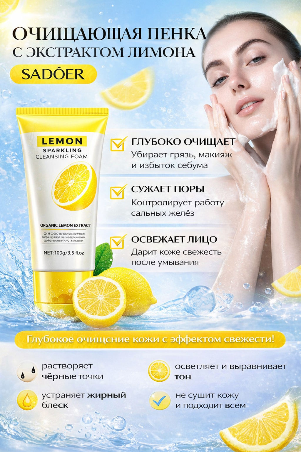Очищающая пенка с экстрактом лимона SADOER, 150 гр  фото 3