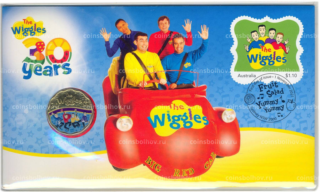 Монета 30 центов 2021 года Австралия  30 лет музыкальной группе Wiggles (с гитарами, в буклете)