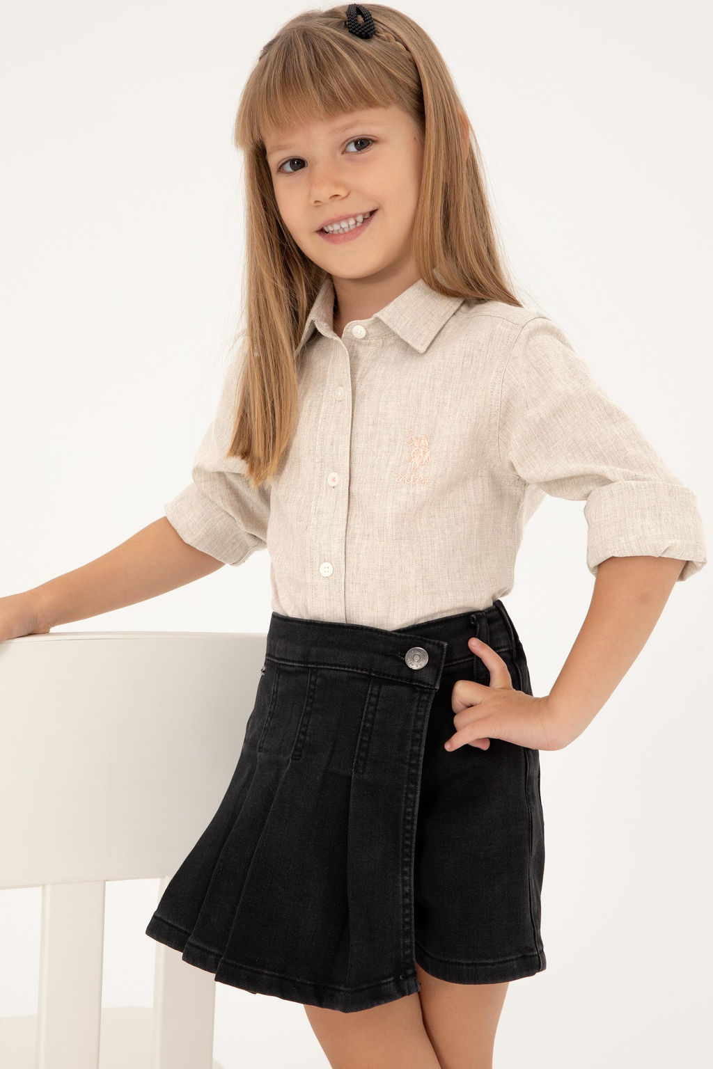 Рубашка с длинным рукавом цвета экрю для девочки - U.s. polo assn фото 2