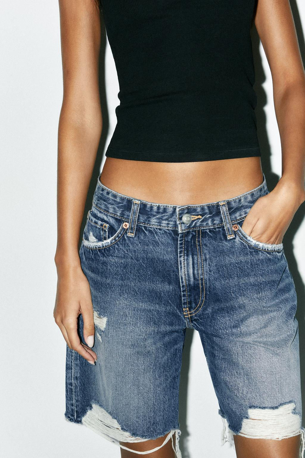 MID-WAIST RIPPED TRF DENIM BERMUDA SHORTS - Zara фото 2