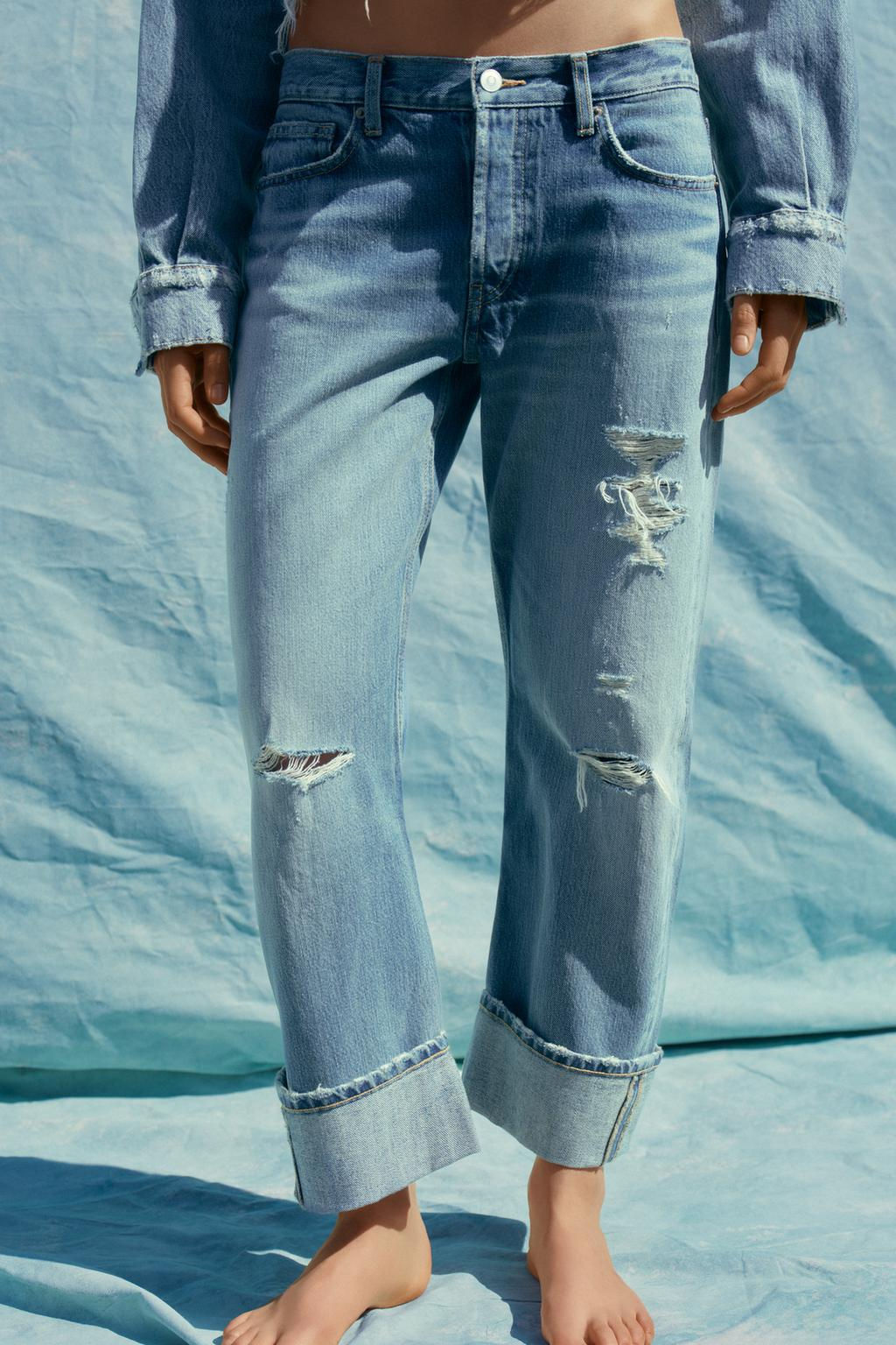 TRF RIPPED STRAIGHT-LEG MID-WAIST JEANS - Zara фото 3