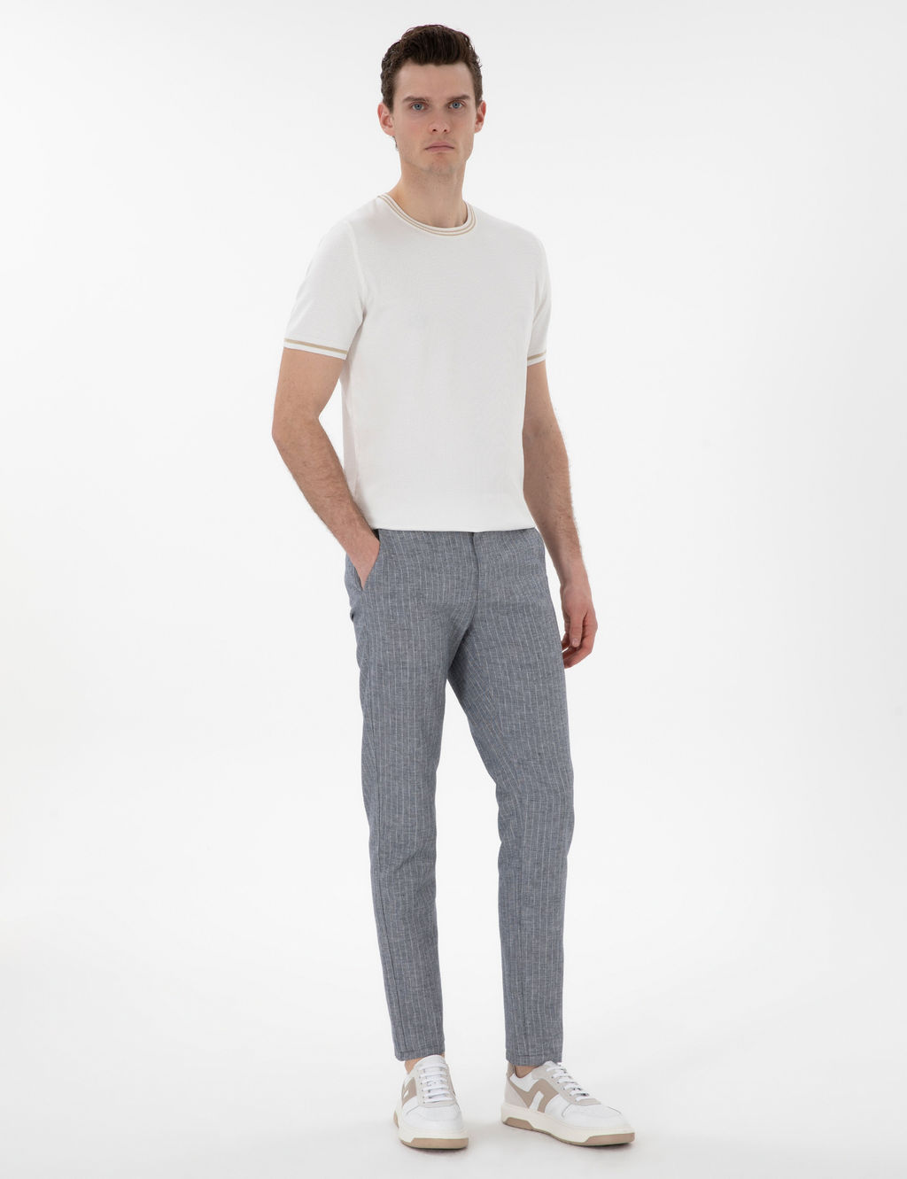 Lacivert Slim Fit Keten Kar___ml_ _izgili Kanvas Pantolon