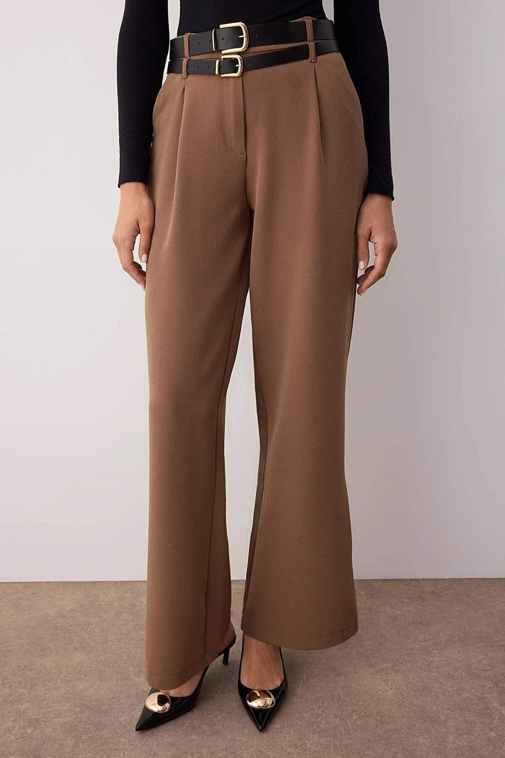 Vizon Cift Kemer Detayl? Wide Leg/Genis Paca Pantolon TWOAW26PL00013 - Trendyolmilla фото 7