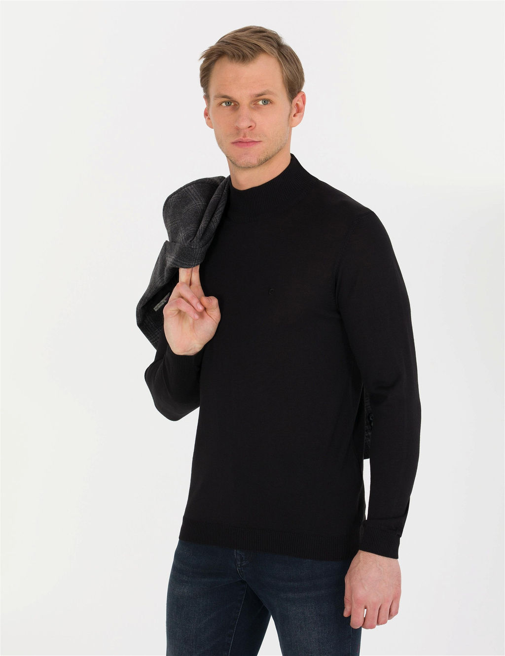 Siyah Slim Fit Yar_m Bal_k__ Yaka Y_n Kar___ml_ Basic Triko Kazak - Pierre cardin фото 2