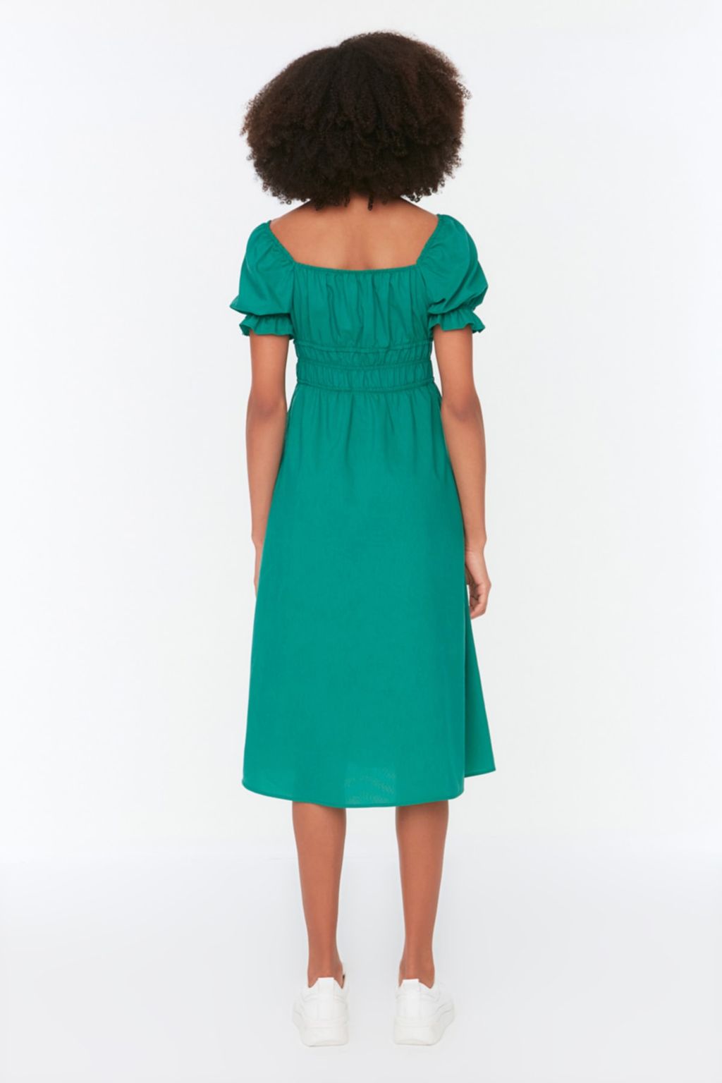 Yesil Skater/Belden Ac?lan Balon Kollu Astarl? Midi Dokuma Elbise TWOSS22EL1768