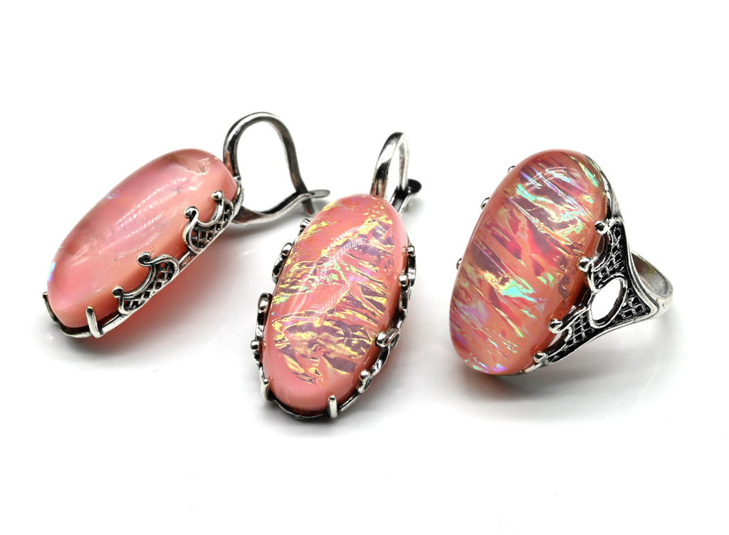 Кольцо Серьги с опалом искусственным, цв.чайная роза размер 19