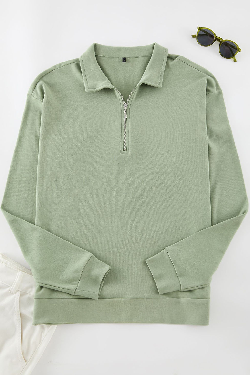 Ac?k Haki Oversize/Genis Kesim Fermuarl? Polo Yaka Sardonsuz Sweatshirt TMNAW25SW00111