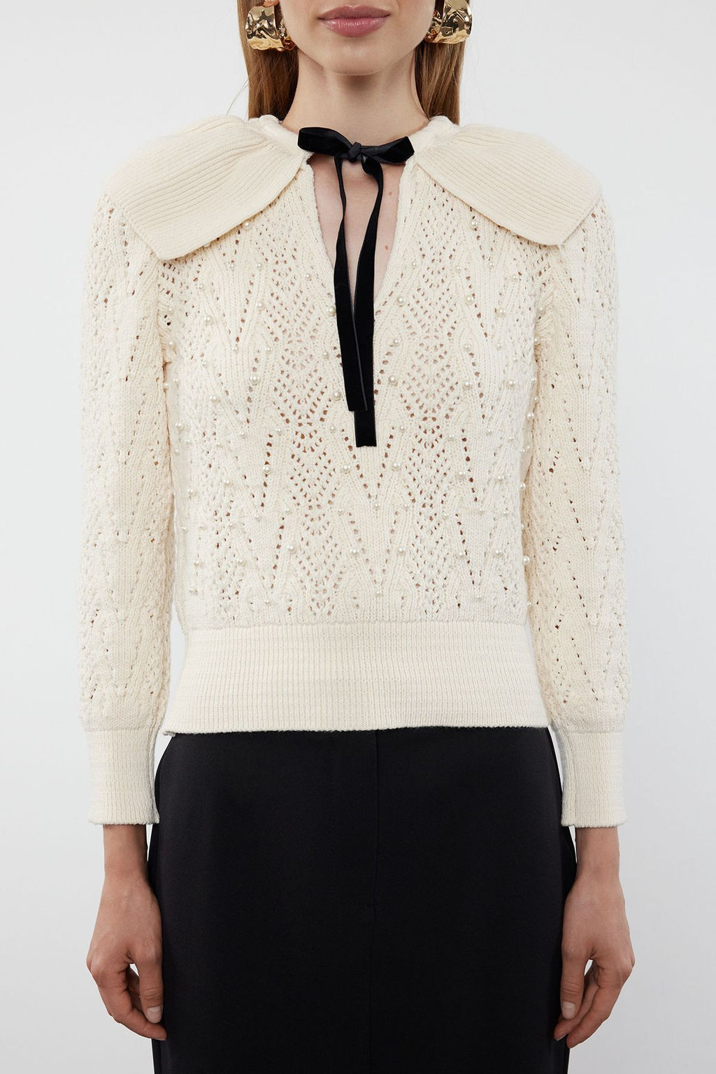 Tas Yumusak Dokulu Kurdele/Fiyonk Ve Inci Detayl? Polo Yaka Triko Kazak TWOAW25KZ00158 - Trendyolmilla фото 3