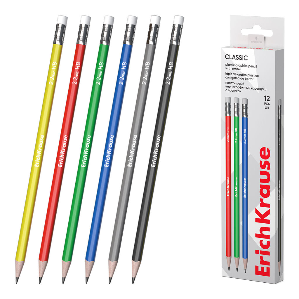 АКЦИЯ Цена за 12 шт. Чернографитный карандаш пластиковый ErichKrause Classic triangle, трехгранный, с ластиком, HB (в коробке по 12 шт.)