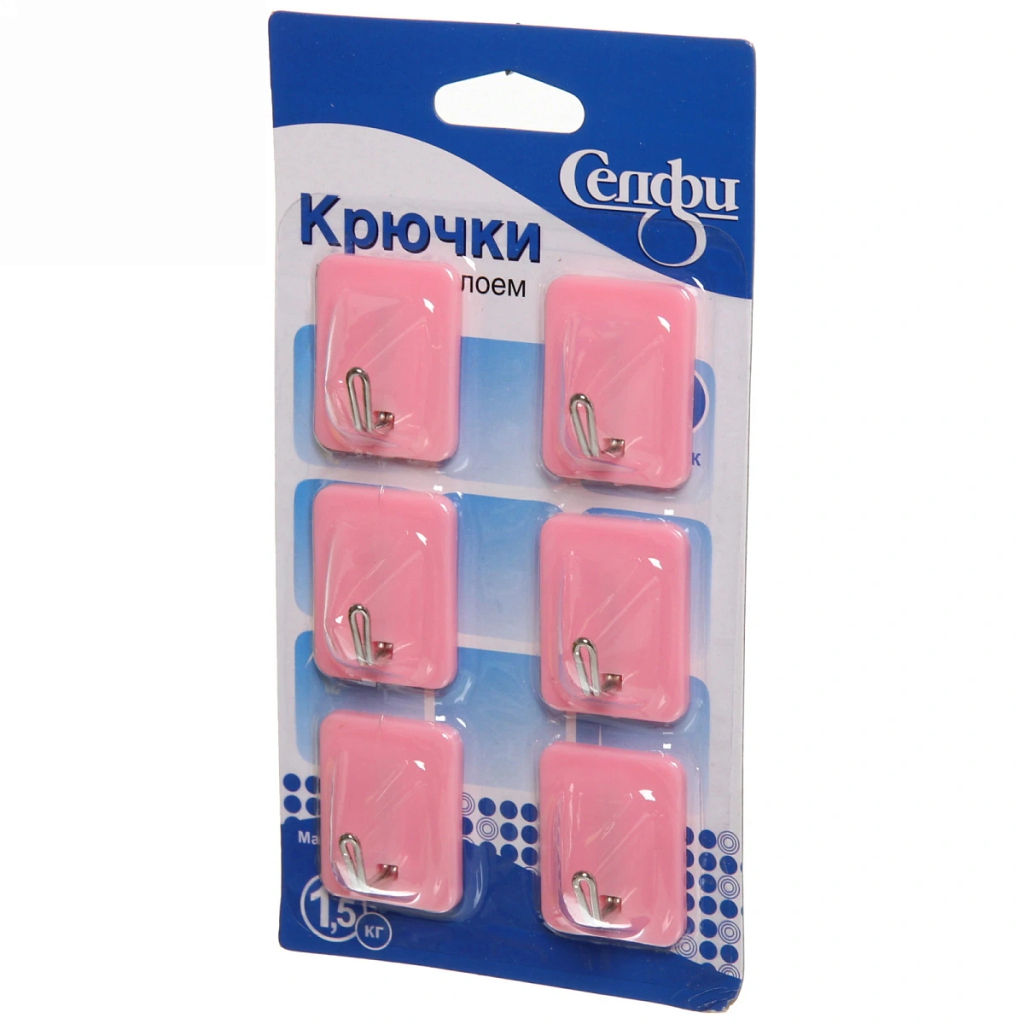 Цена за 10 шт. Крючки в наборе 6шт на липком слое "ИДЕЯДОМА", форма прямоугольник, цвет розовая пудра, нагрузка 1,5кг