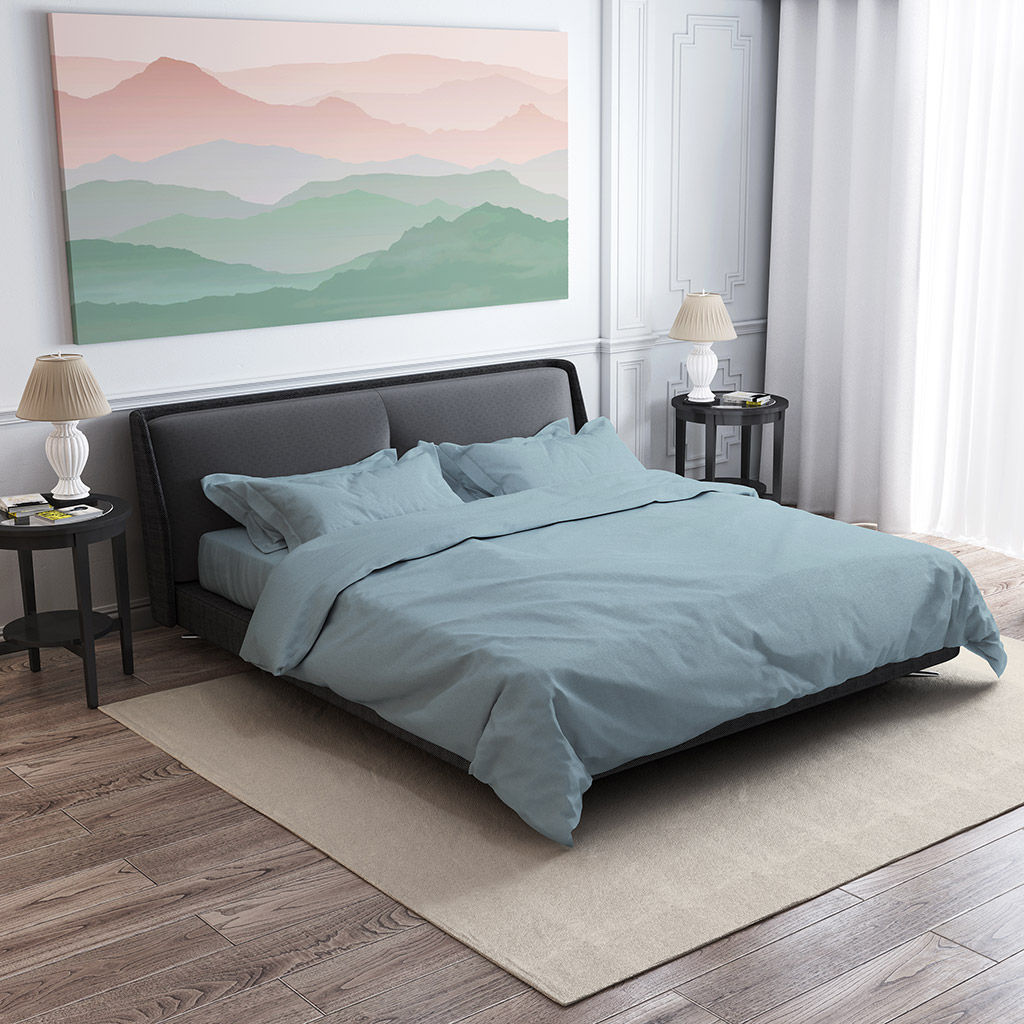 Постельное белье, комплект Евростандарт "Голубая мята", 4 предмета: пододеяльник на пуговицах 200х215см, простыня 220х240см, 2 наволочки 50х70см с клапаном-запахом, сатин 135г/м2, хлопок 100%, упаковка "классическая" ПВХ 34,5х41см, "Домашняя мода" (Р