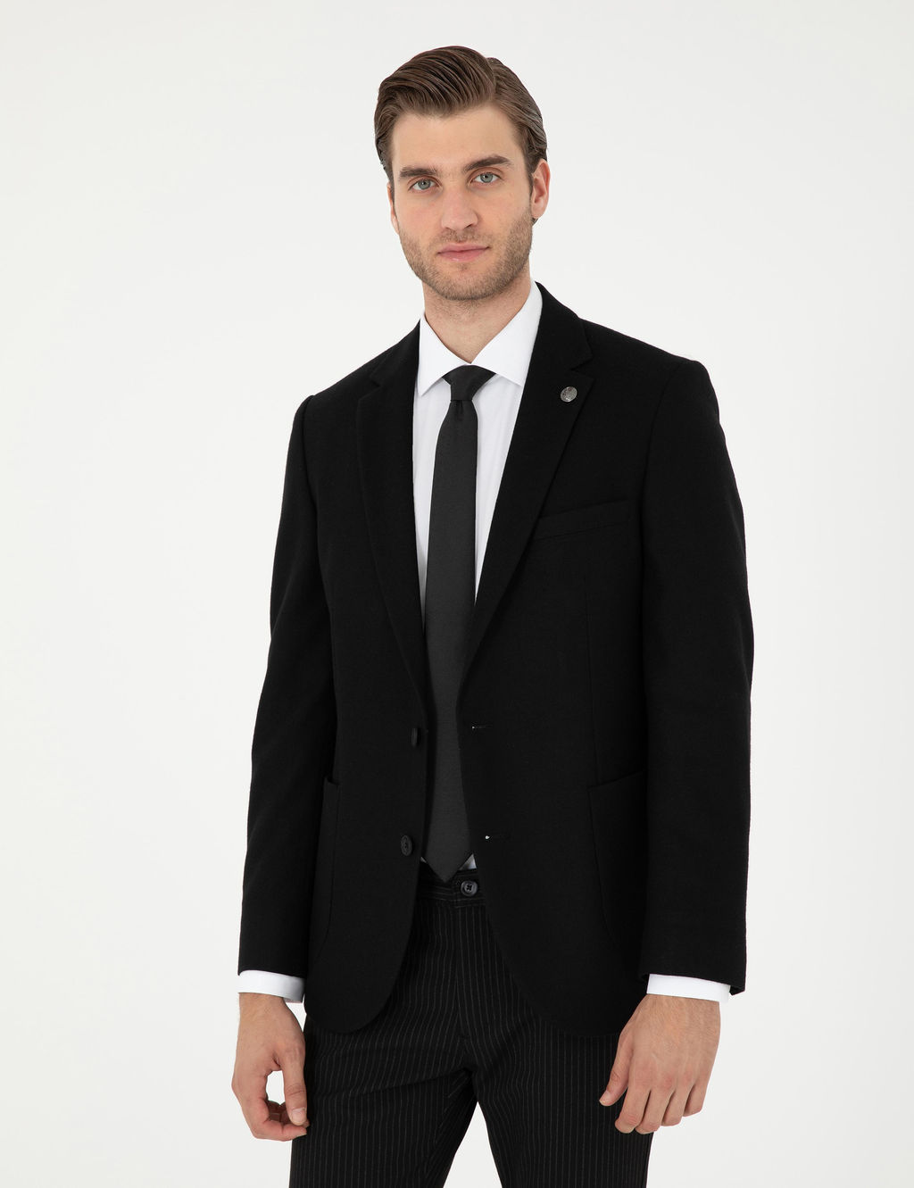Siyah Y_n Kar___ml_ Ex. Slim Fit Ceket