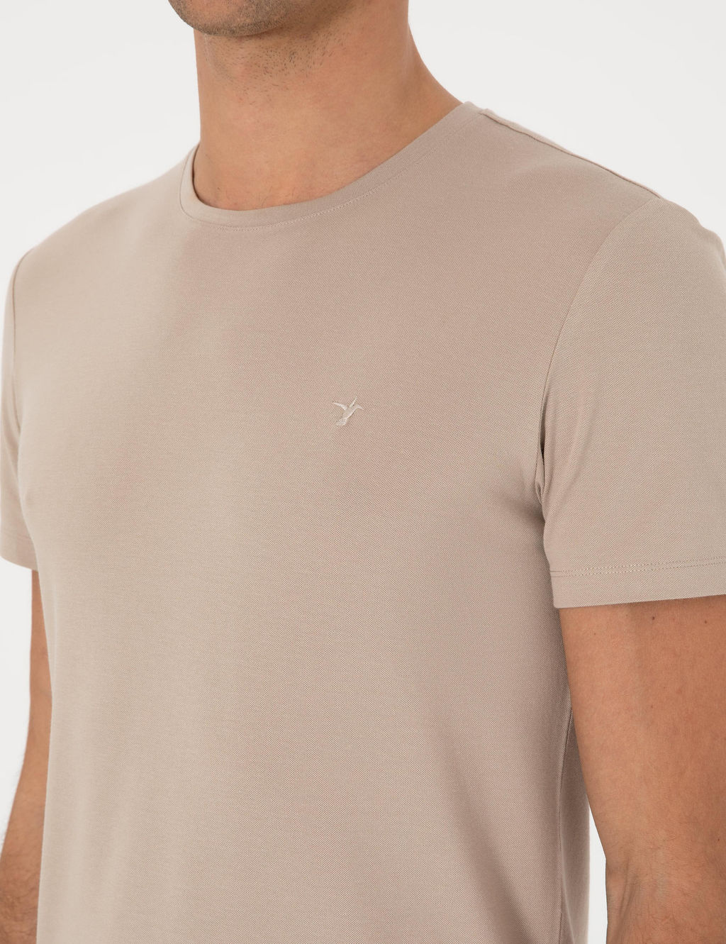 Bej Slim Fit Bisiklet Yaka Pamuklu T-shirt
