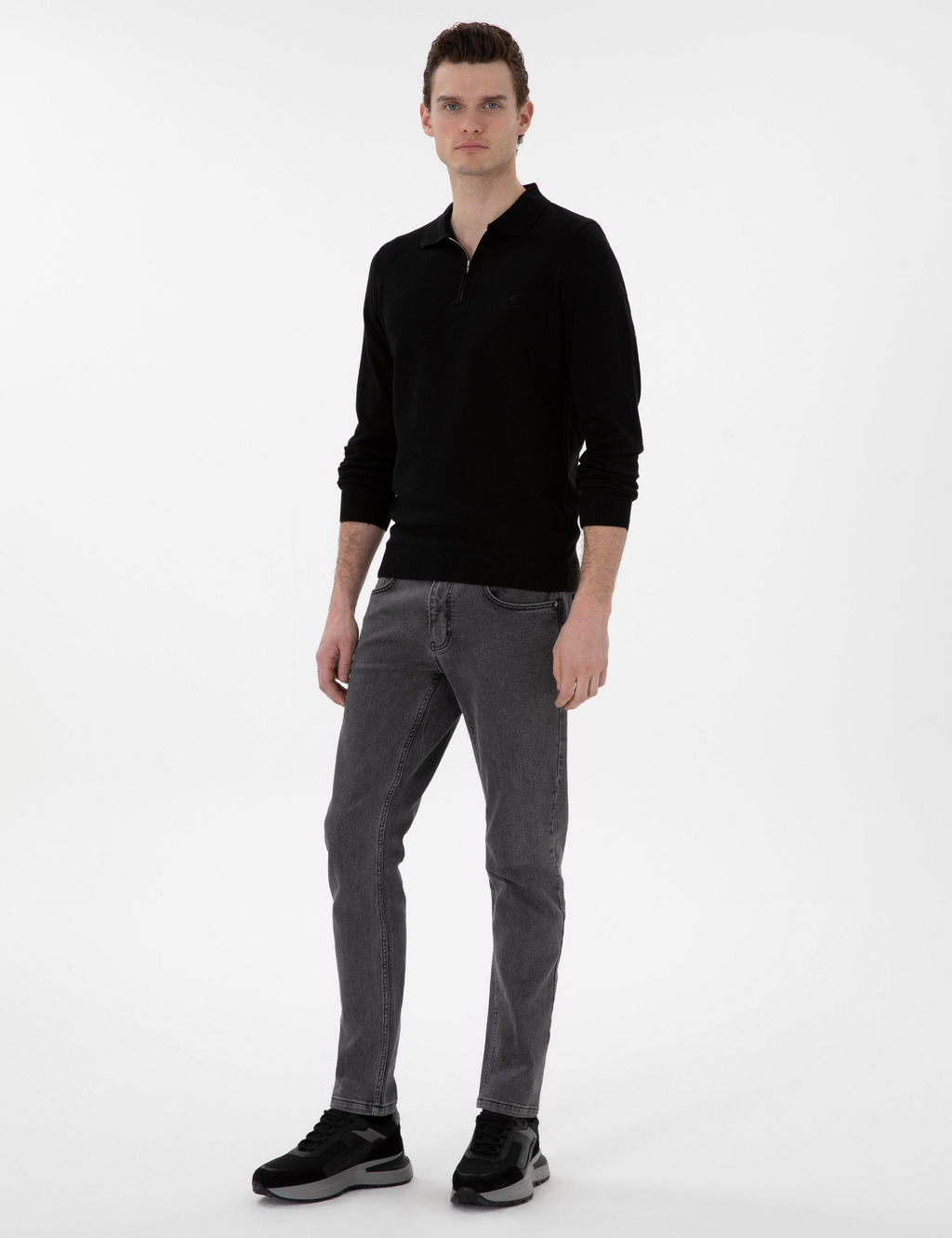 Siyah Slim Fit Fermuarl_ Polo Yaka Basic Triko Kazak - Pierre cardin фото 4