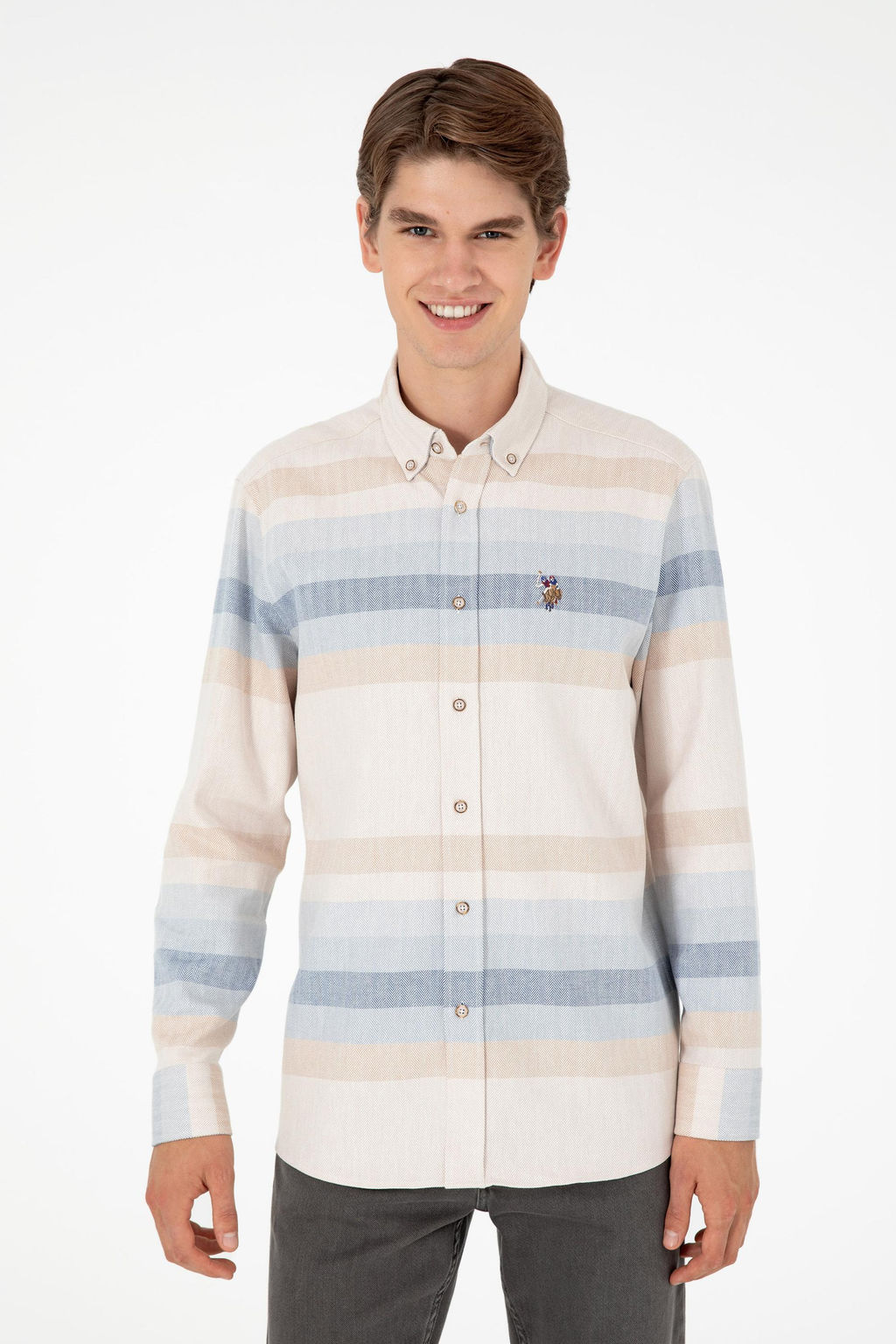 Мужская рубашка светло-коричневого цвета с длинным рукавом - U.s. polo assn фото 3