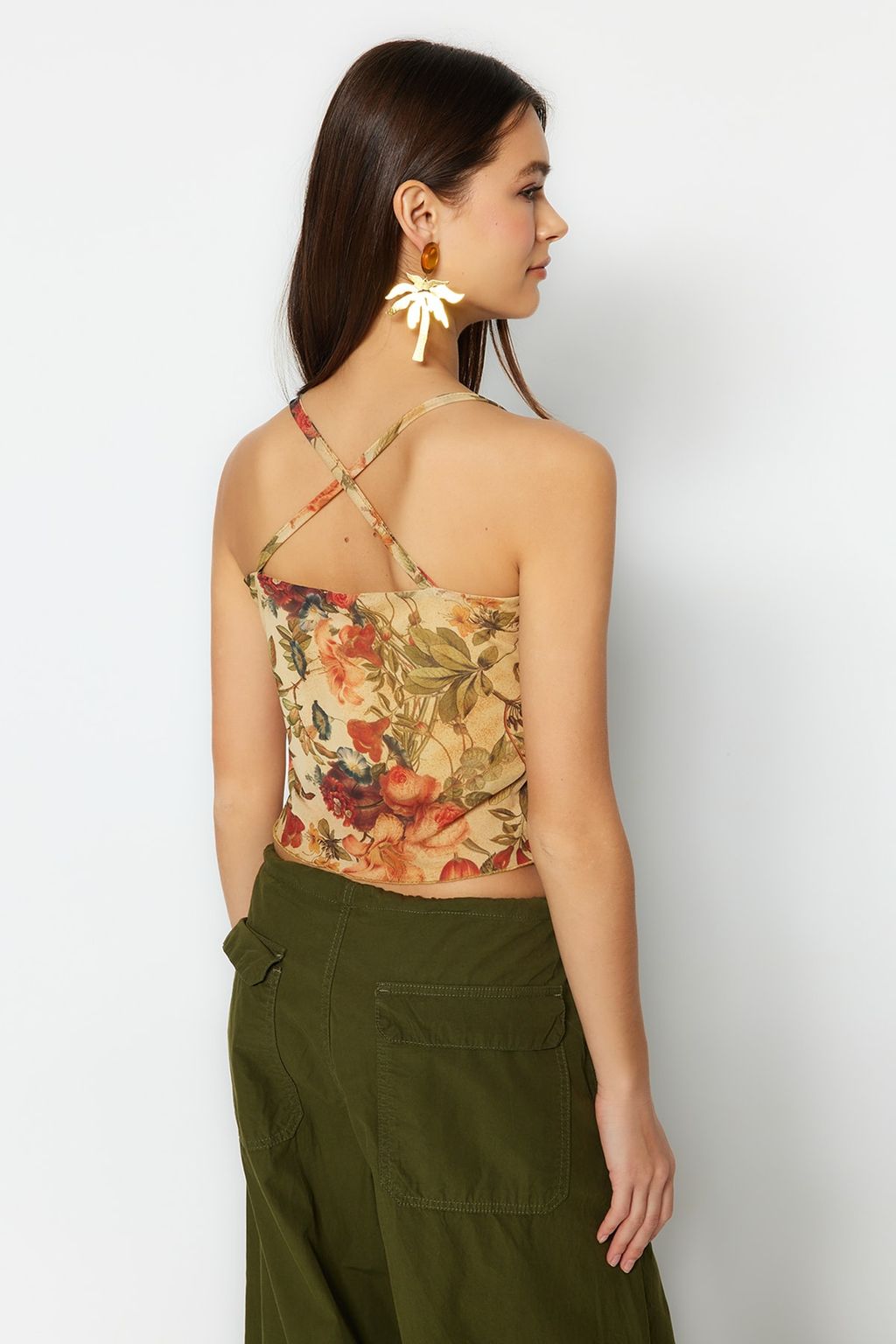 Cok Renkli Cicek Desenli Fitted/Vucuda Oturan Ask?l? Crop Astarl? Esnek Tul Orme Bluz TWOSS23BZ00710