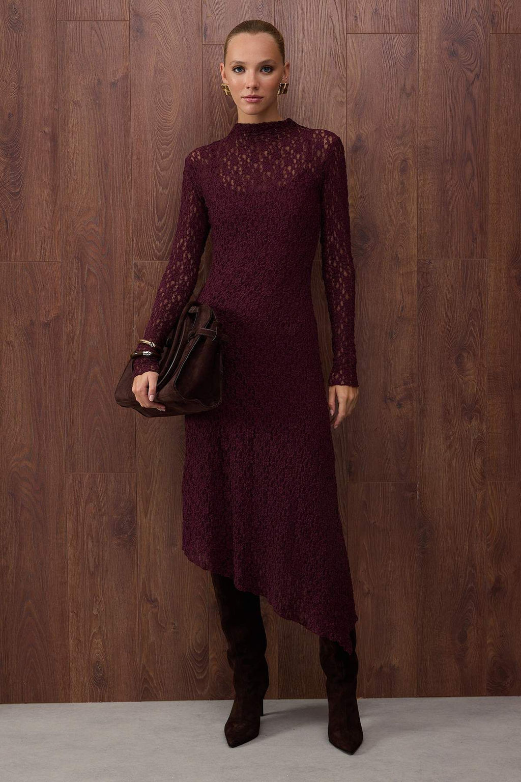 Ozel Koleksiyon Murdum Duz Asimetrik Bodycon/Vucuda Oturan Maxi Orme Dantel Elbise TWOAW26EL00057
