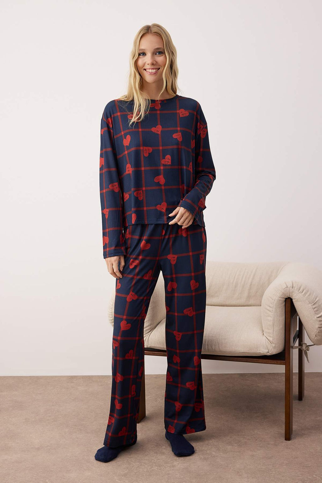 Lacivert Kalpli Yumusak Tuse Orme Pijama Tak?m? THMAW26PT00045
