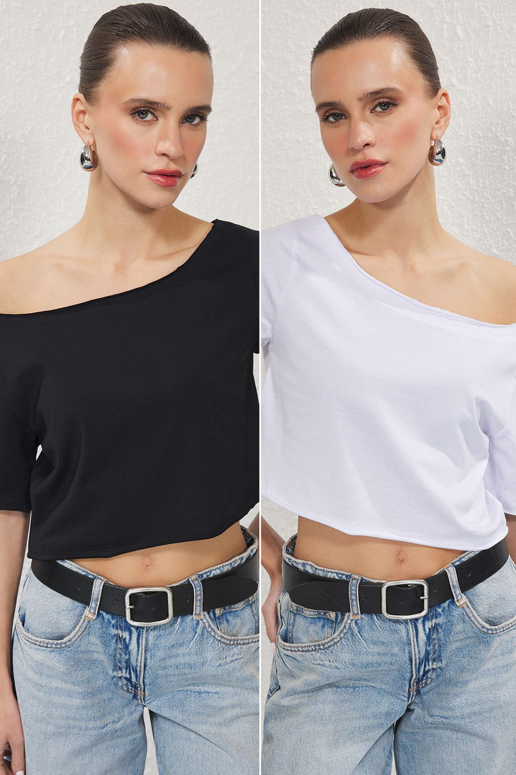 Trendyolmilla Siyah-Beyaz 2li Paket %100 Pamuk Asimetrik Kay?k Yaka Crop Orme T-Shirt TWOSS25TS00194  фото 7