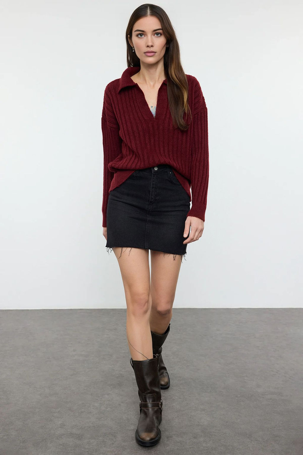 Bordo Yumusak Dokulu Polo Yaka Triko Kazak TWOAW24KZ00678