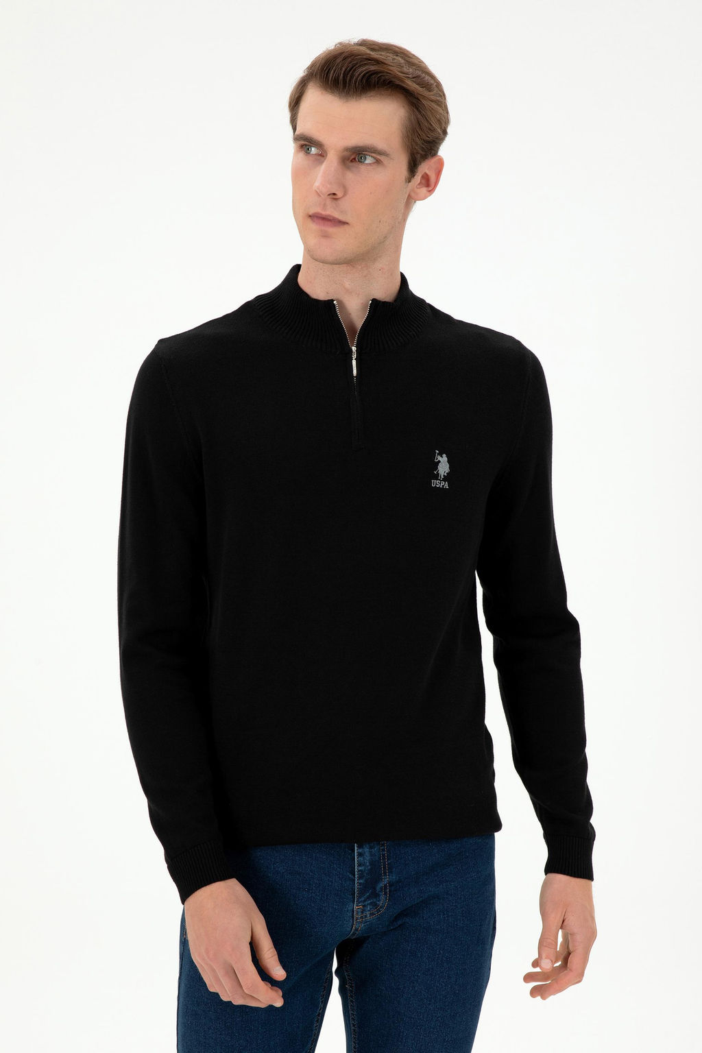 Erkek Slim Fit Yar_m Fermuarl_ Siyah Kazak