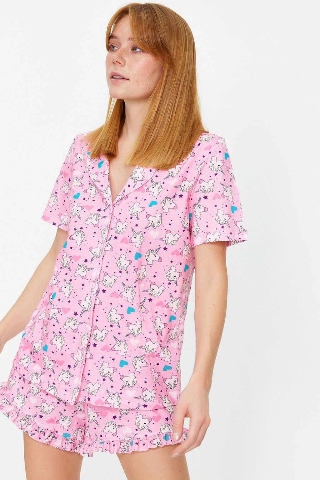 Pembe %100 Pamuklu Eglenceli Desenli F?rf?rl? Sortlu Orme Pijama Tak?m? THMSS22PT0483 - Trendyolmilla фото 3