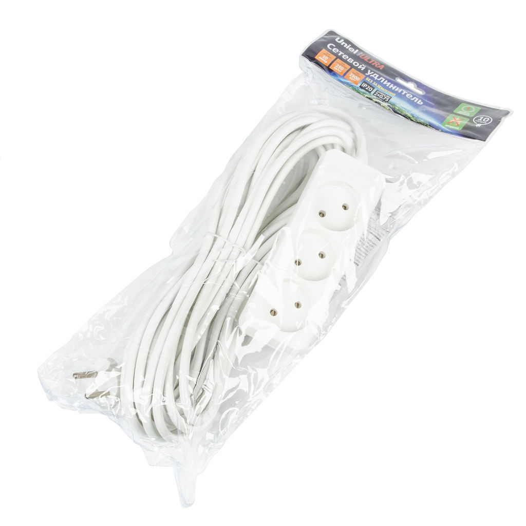 S-CU3-10 WHITE Удлинитель серии Ultra, шнур 10м., 3 гнезда, 10A, б/з. Белый. TM Uniel