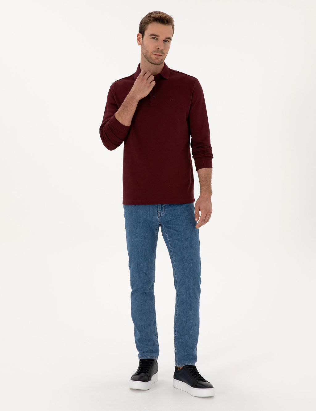 Bordo Regular Fit %100 Pamuk 3 _plik Polo Yaka Sweatshirt