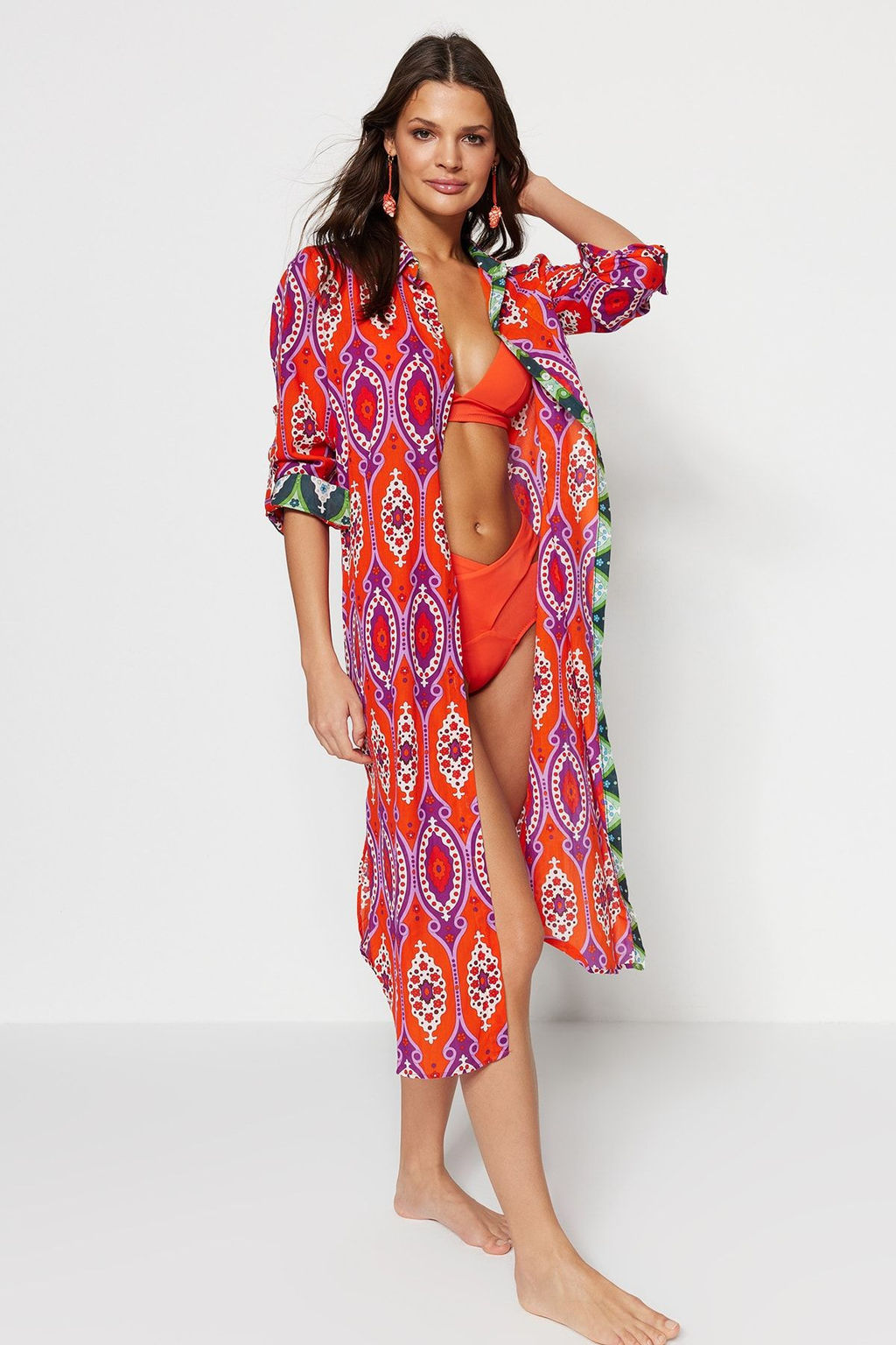 Etnik Desenli Midi Dokuma %100 Pamuklu Plaj Kimono&Kaftan TBESS20KM0017