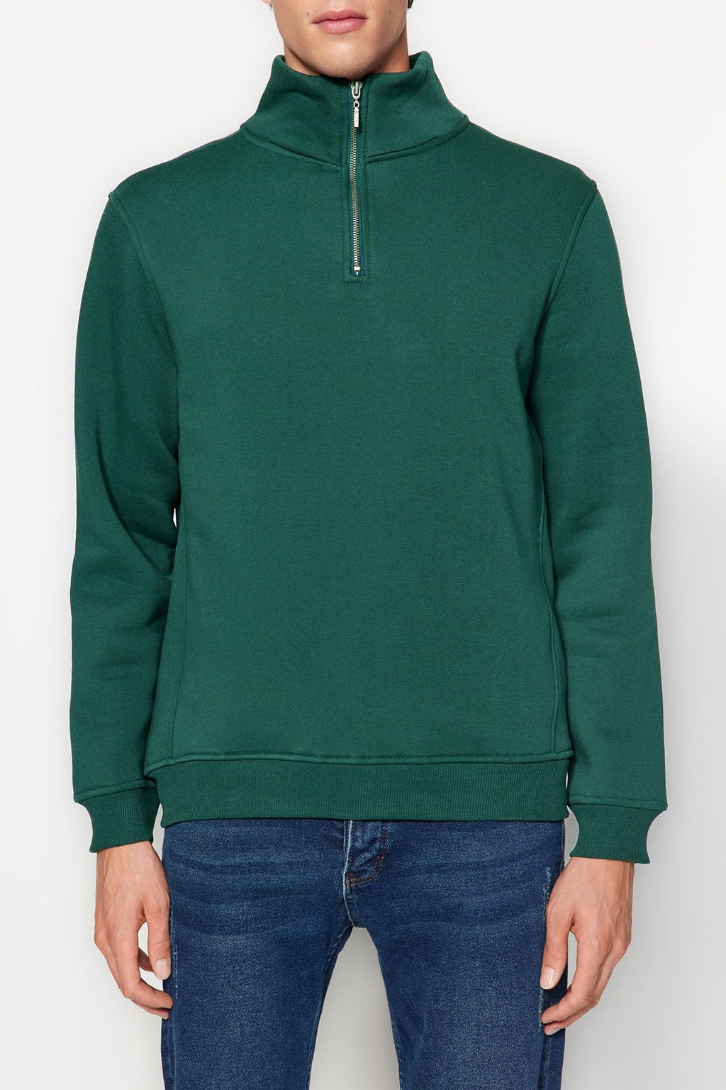 Yesil Regular/Normal Kesim Dik Yaka Fermuarl? Pamuklu Basic Ici Polarl? Sweatshirt TMNAW24SW00041