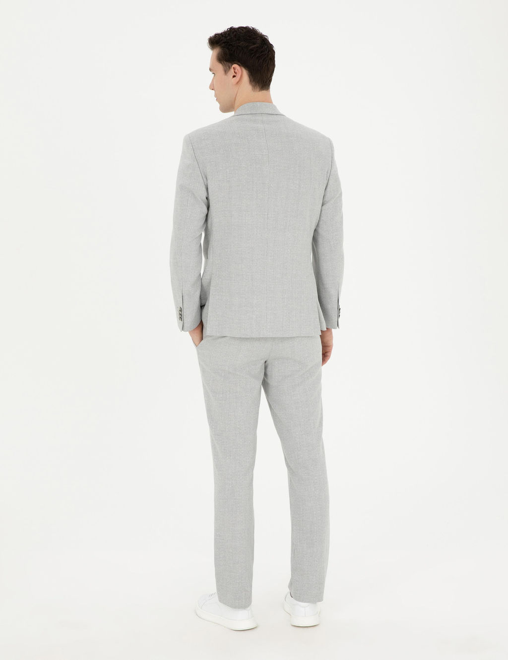 Gri Slim Fit Keten Kar___ml_ _izgili Tak_m Elbise