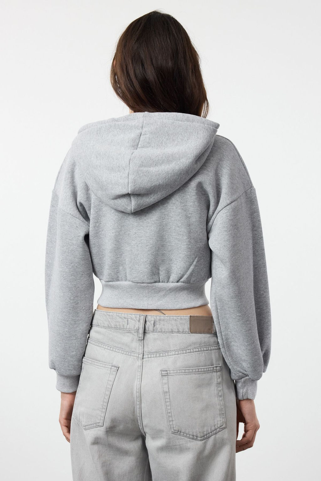 Gri Melanj Regular/Normal Kal?p Kapusonlu Kal?n ici Polarl? Orme Sweatshirt TWOAW25SW00068