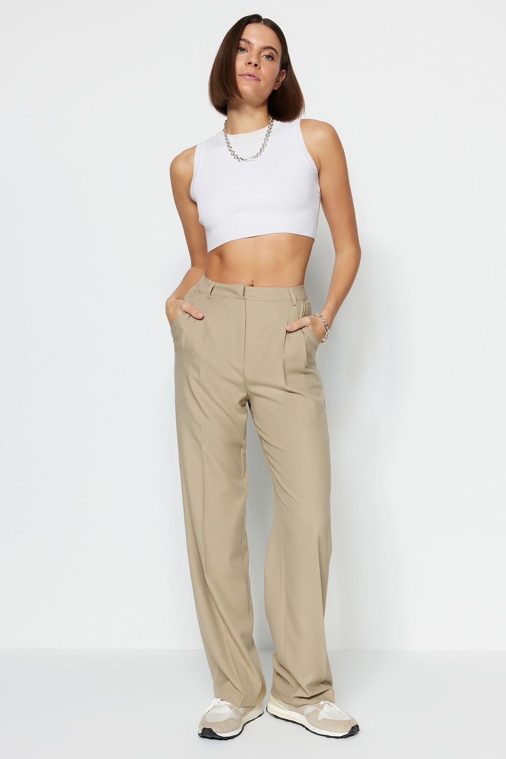 Limited Edition Vizon Straight/Duz Kesim Pilili Dokuma Kumas Pantolon TWOAW23PL00401