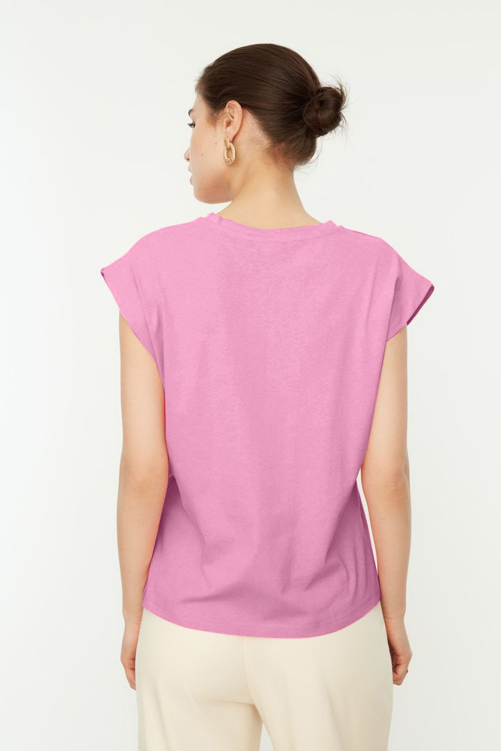 Pembe %100 Pamuk Vatka Gorunumlu Basic Bisiklet Yaka Orme T-Shirt TWOSS20TS0021