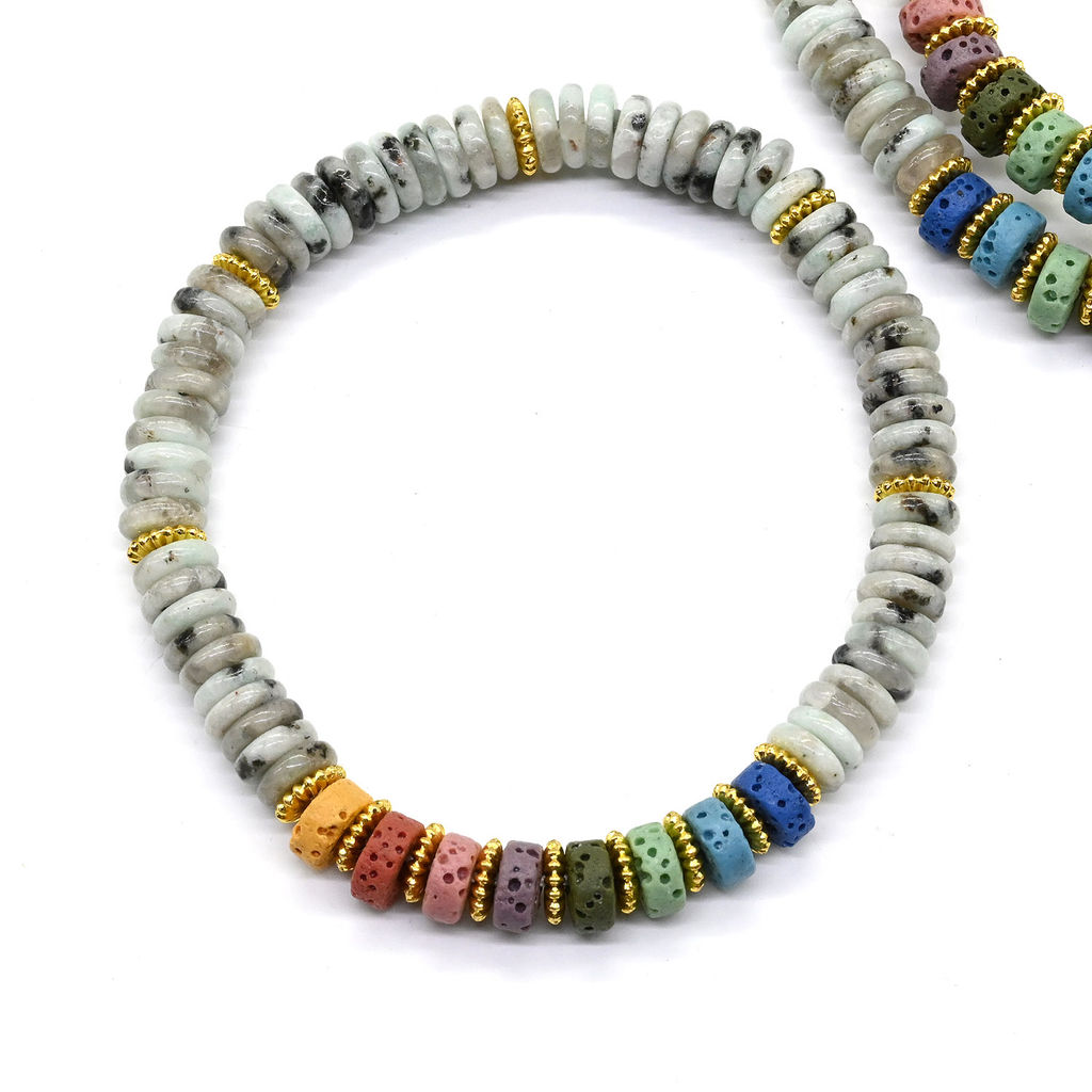 Браслет из яшмы киви диски 6*2мм со вставками из лавы, 16см