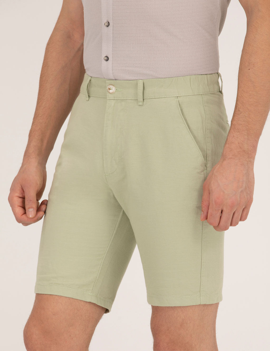 A__k Ye_il Slim Fit Keten Kar___ml_ Beli Lastikli Bermuda _ort