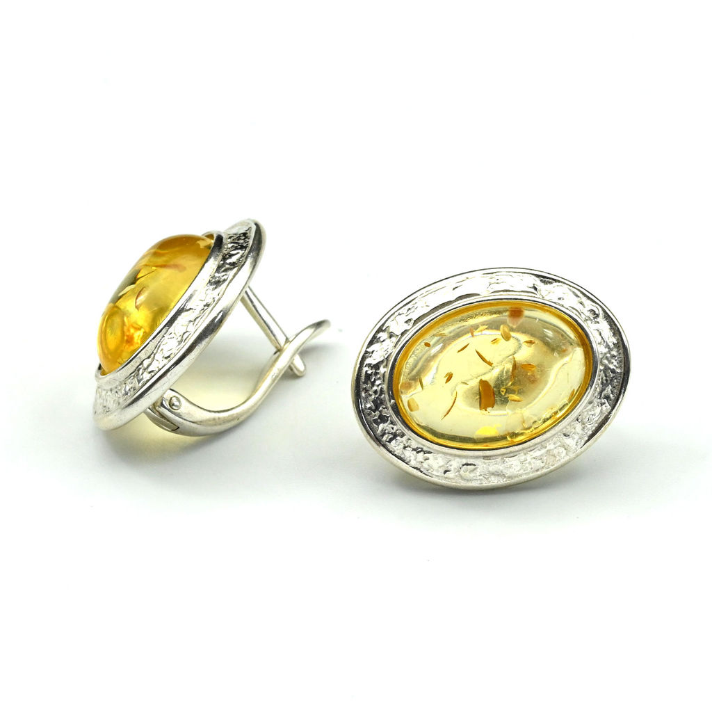 Серьги Овал 16*20мм с янтарем С925 цв.лимонный, 6,1г