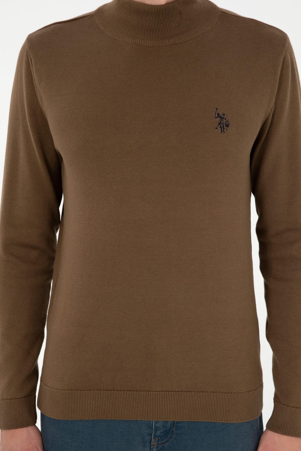 Erkek Slim Fit Yar_m Bo_azl_ Haki Basic Kazak
