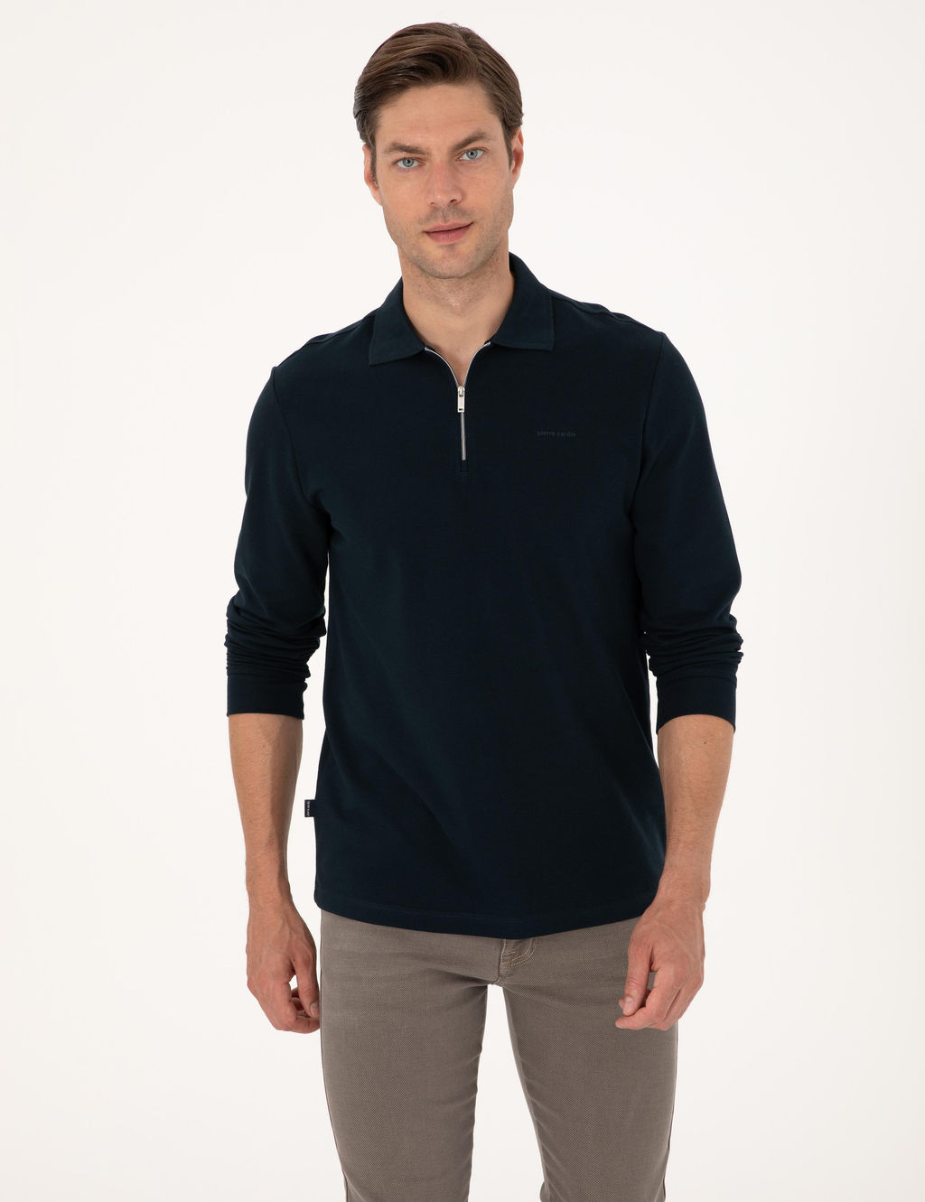 Lacivert Slim Fit K_vr_lmaz Fermuarl_ Polo Yaka Basic Pike Sweatshirt