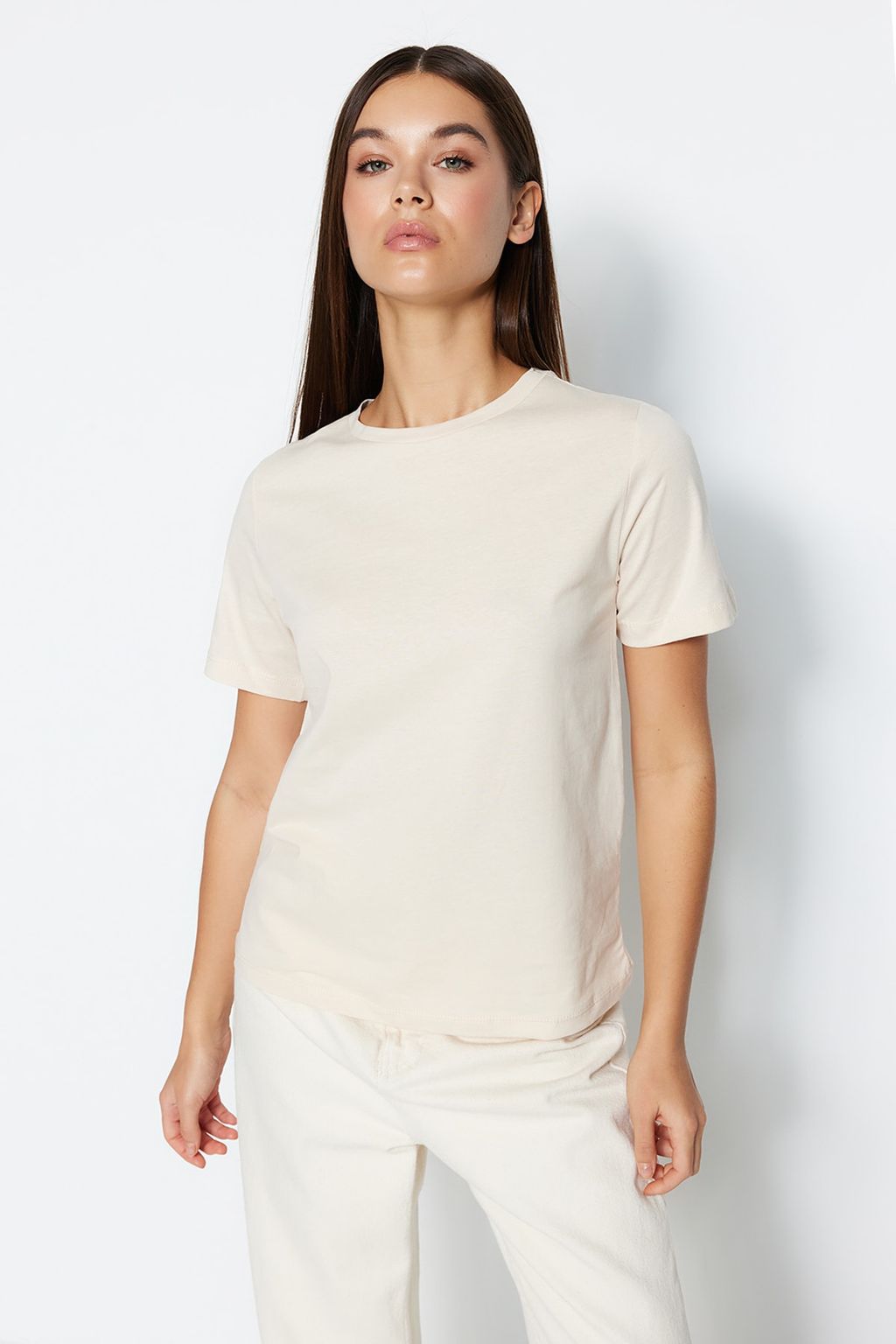 Ac?k Bej %100 Pamuk Basic Bisiklet Yaka Orme T-Shirt TWOSS23TS00000