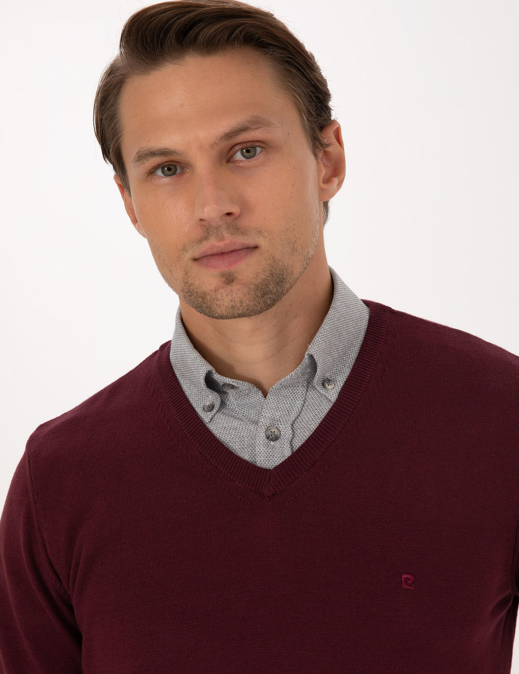 Koyu Bordo Slim Fit V Yaka Basic Triko Kazak - Pierre cardin фото 2