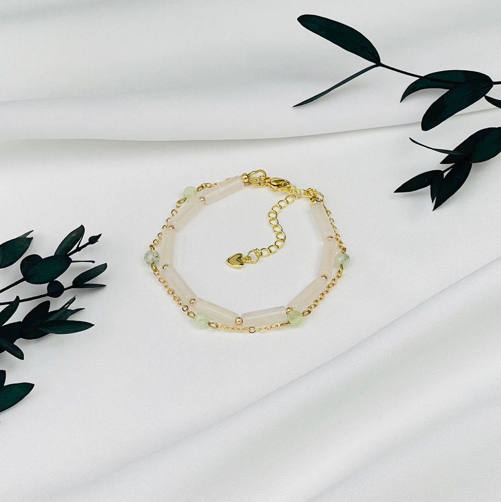 Браслет двойной из Розового кварца и Пренита 16,5 см +