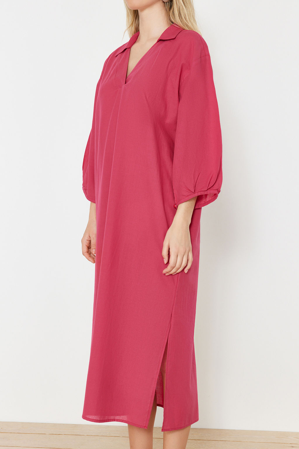 Fusya Dokuma Y?rtmacl? %100 Pamuk Plaj Midi Elbise TBESS22EL0009