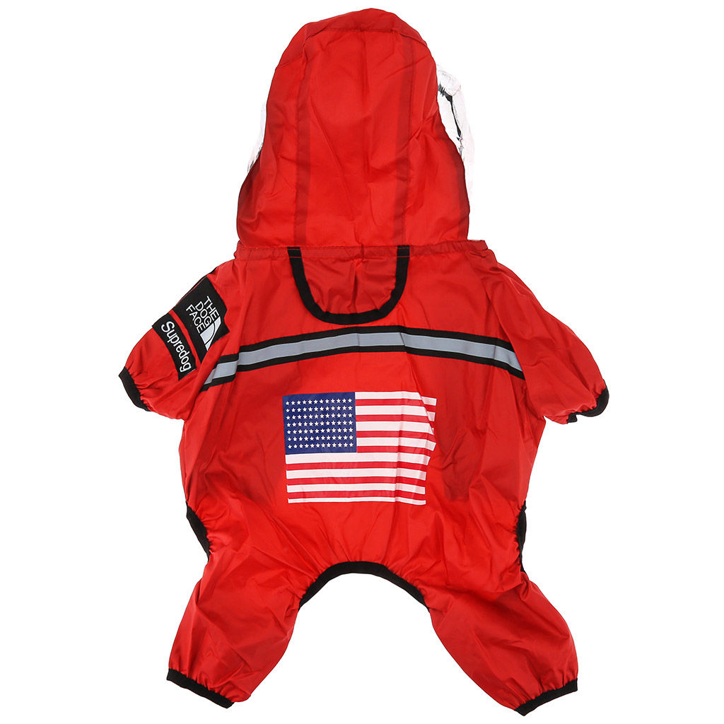 Пэт тойс (Pet toys) Одежда для собаки Комбинезон The dog face прозрачный ПВХ капюшон, с принтом, на липучке, светоотражающие полоски, р-р L, длина спинки 34см/обхват груди 56см/обхват шеи 36см, цвет-красный, плащевка (Китай) - Домашняя мода фото 2