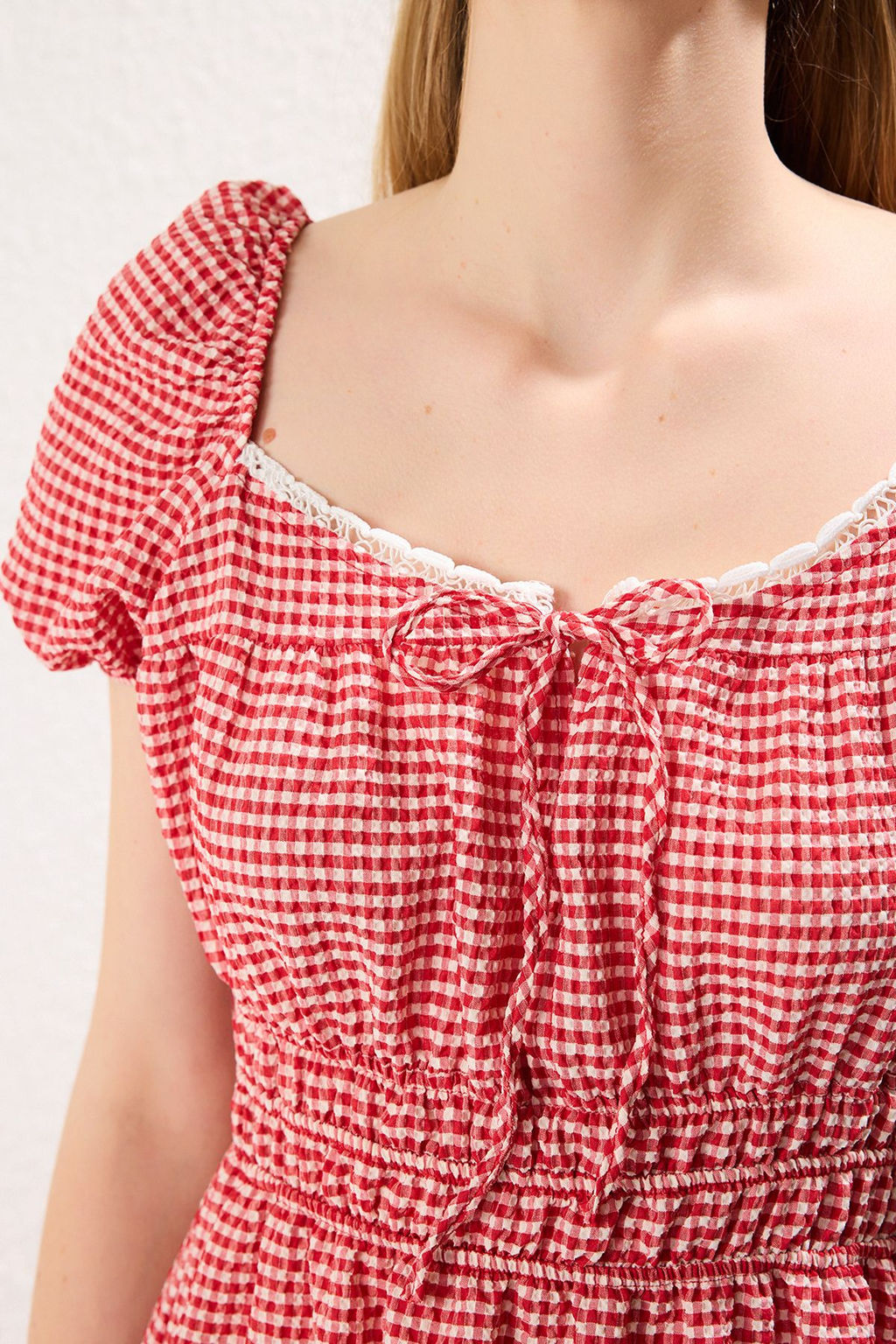 TRENDYOLMILLA K?rm?z? Potikareli A Kesim Yakas? Dantel Detayl? Midi Dokuma Elbise TWOSS25EL00297  фото 4
