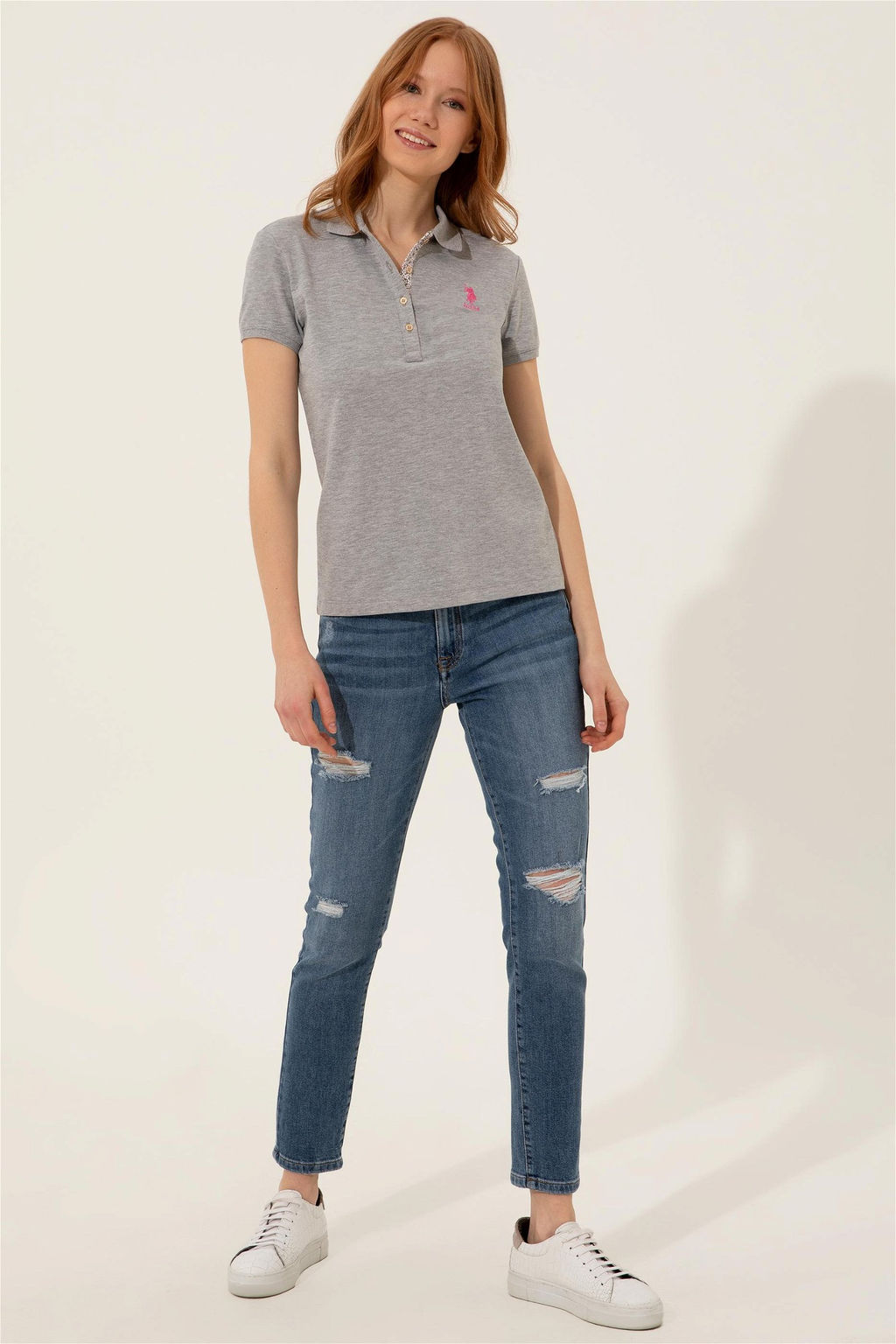 Женская серая меланжевая футболка с воротником поло Basic - U.s. polo assn фото 10